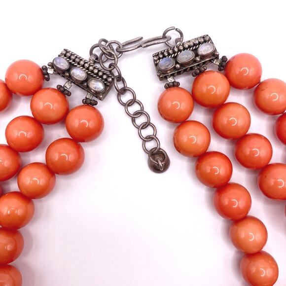 Bohemian Glass in Orange Coral Tone Coated with Sterling and moonstone closure - Picture 4 of 10